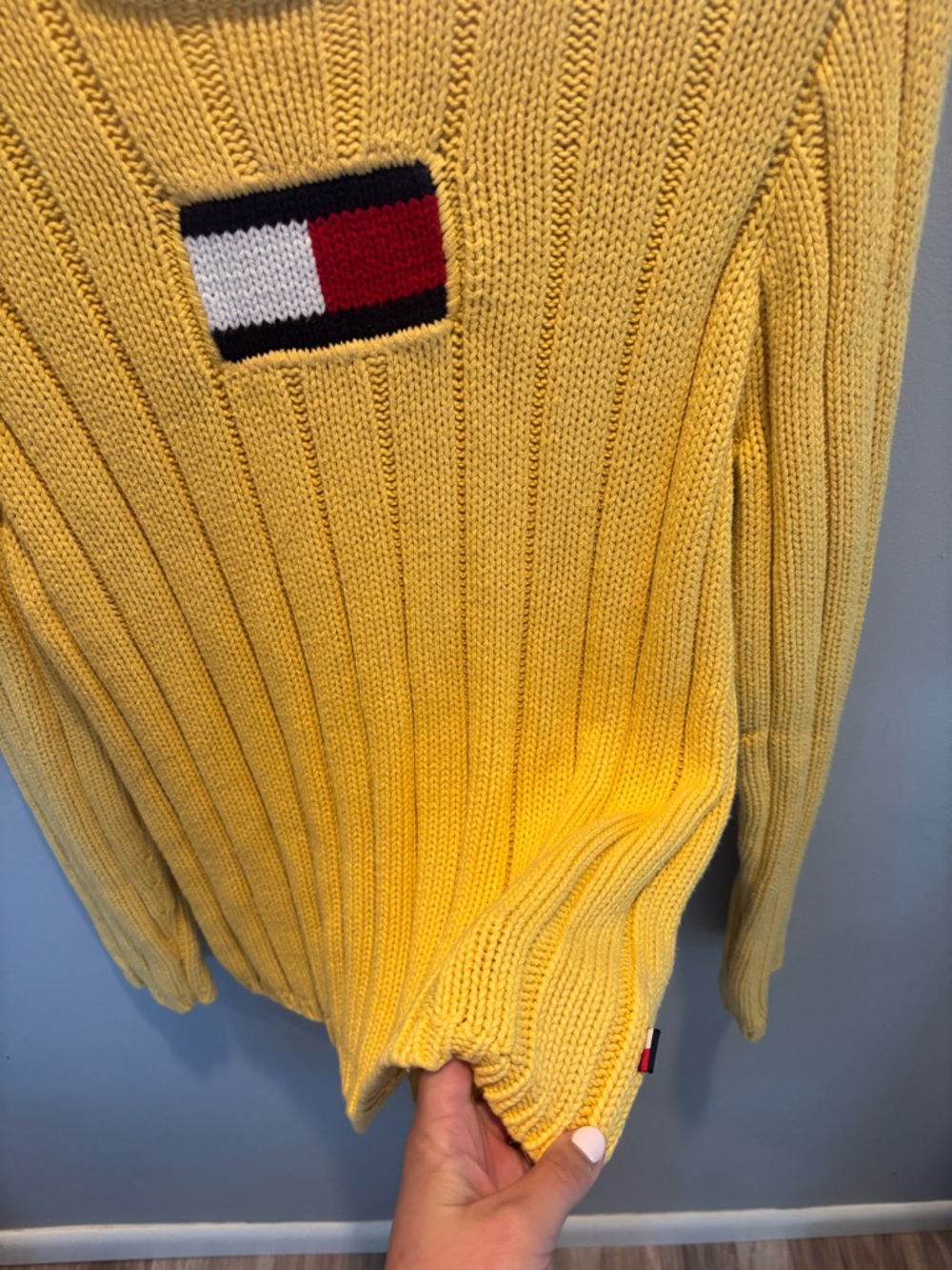 Tommy Hilfiger Yellow Ribbed Crewneck Sweater with Flag Logo - Picture 3 of 4